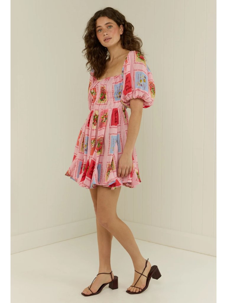 Palm Noosa Flora Dress Strawberry Stamp Linen Puff Sleeve Pink Mini Au 10 Us 6 — image 2 of 8